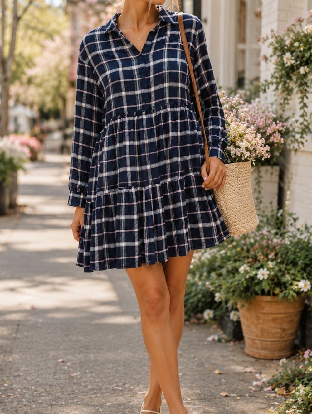 NWT APRICOT Navy Cream Plaid Tiered Dress Long Sleeve Babydoll Shirt Dress
